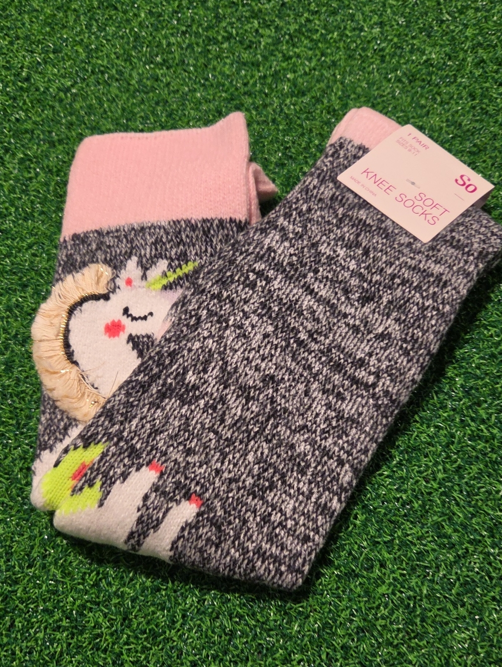 SO Pink & Gray Kids Knee Socks with Unicorn Motif